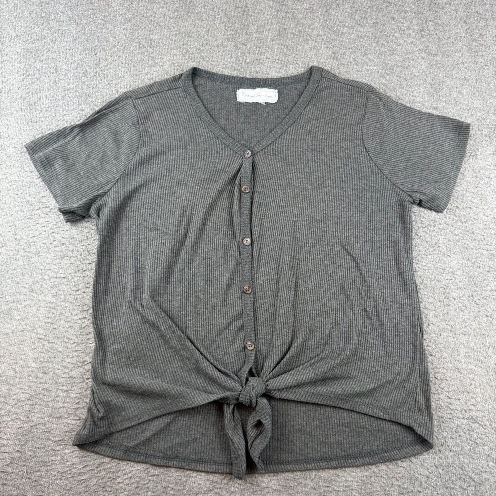 French Laundry Button Front Top Womens L Grey Ribbed Tie Hem V-Neck Short Sleeve